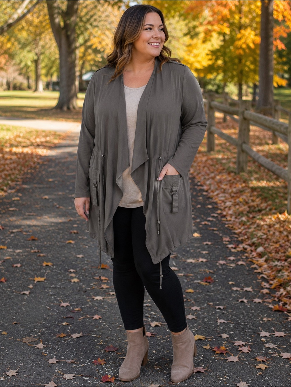 Carolina Belle Olive Drape Front Utility Jacket 1X Plus